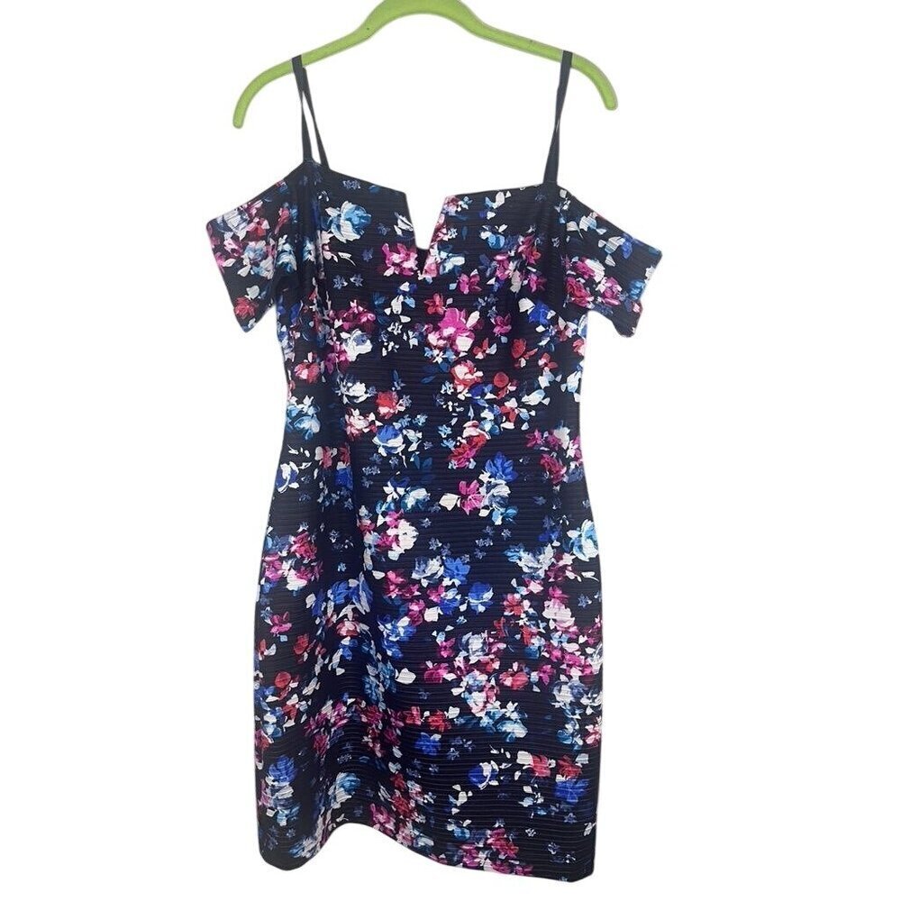 Guess Floral Dress 12 Black Mini Cold Shoulder Preppy Old Money Classic Chic 80s